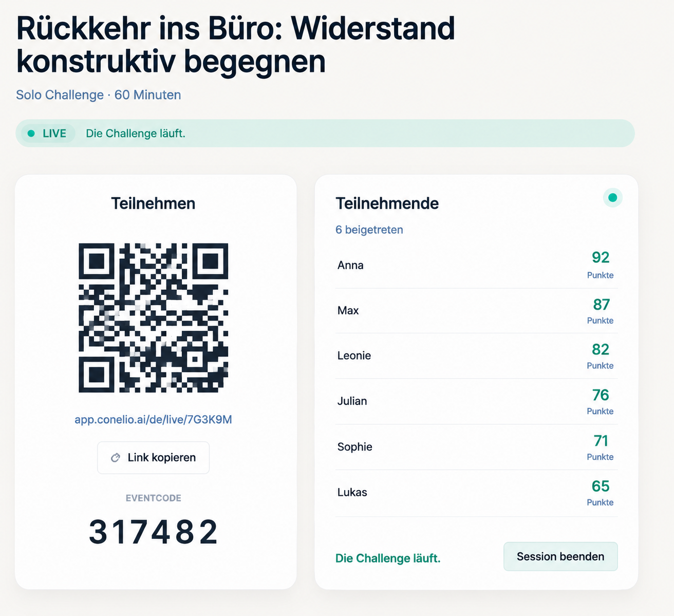 Conelio Live-Session mit Teilnehmerergebnissen und Feedback