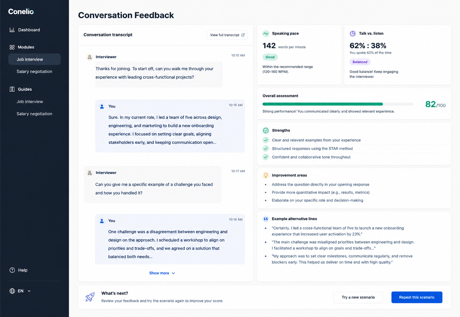 Conelio learner feedback view with rating, strengths, and improvement guidance.